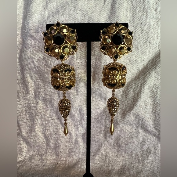 Vintage 90s Neiman Marcus Black and Gold Crystal Drop Clip On Earrings​ - Picture 3 of 5